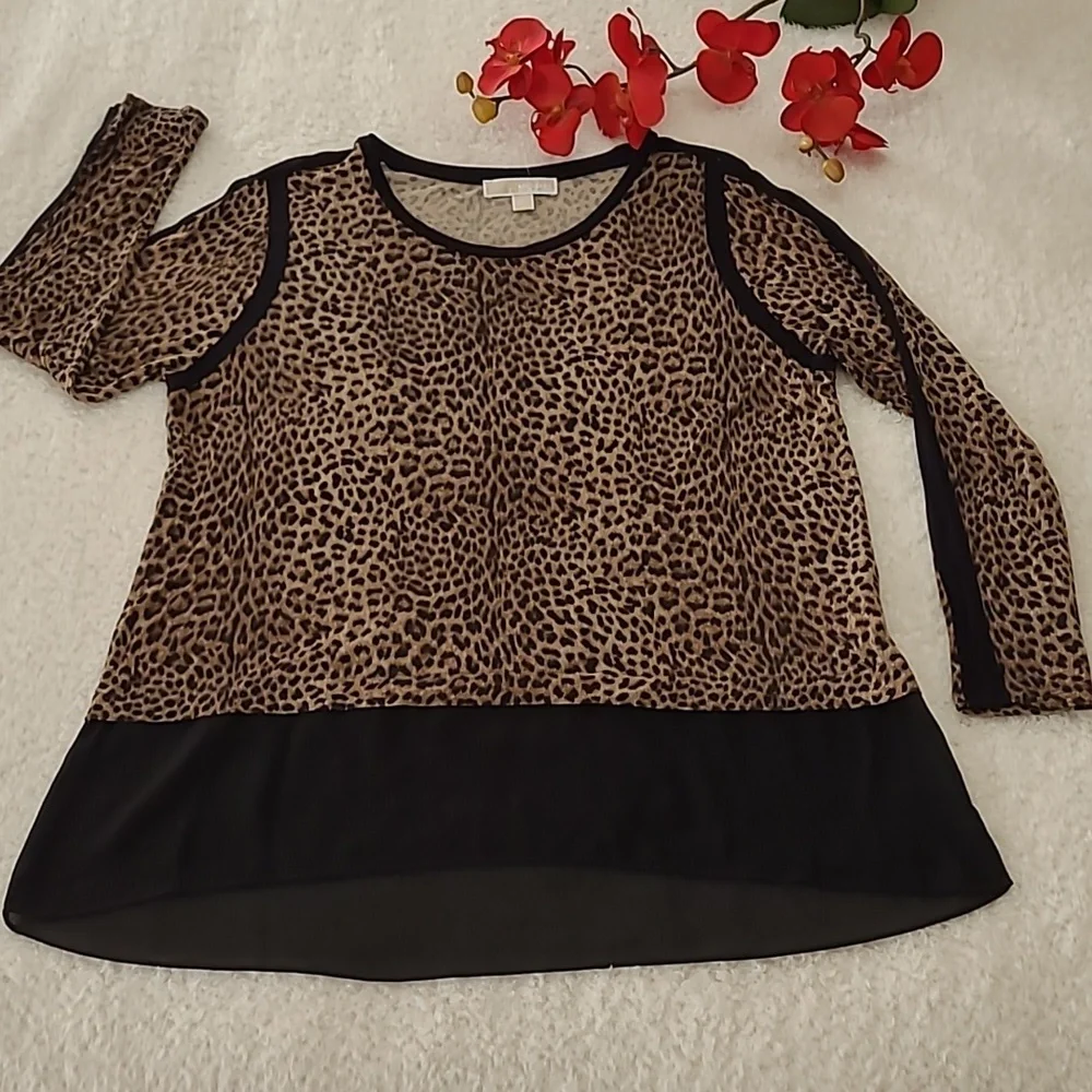NEW Michael Kors Tunic Top RARE Sheer Black Peplum  Animal Print  Long Sleeve 1X